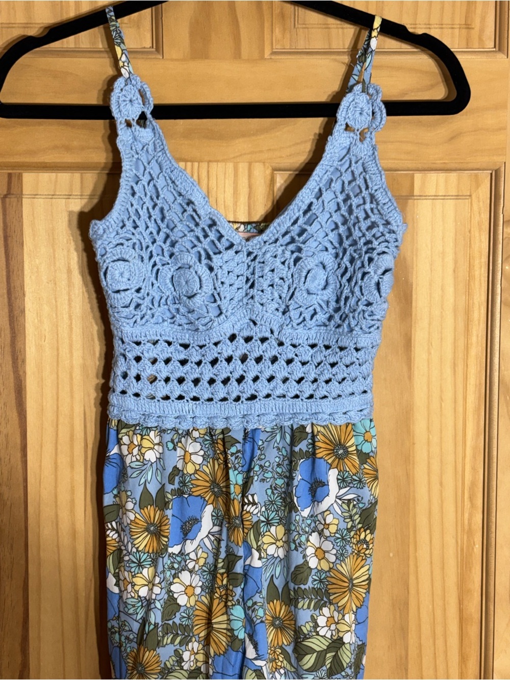 Bog Collective Light Blue Crochet Top with Floral Smocked jumper